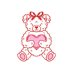 Teddy bear with bow holding a pink heart. Hand-drawn cute cartoon vector illustration with pink and red details. Valentine's Day and love gift concept. Design for greeting card, invitation, poster