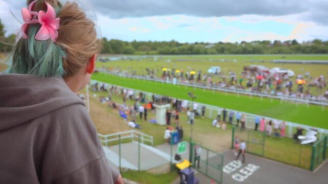 A young girl stands in the grandstand, intently watching racehorses gallop past at high speed. A dynamic scene capturing the excitement of equestrian sports, betting, and spectator events