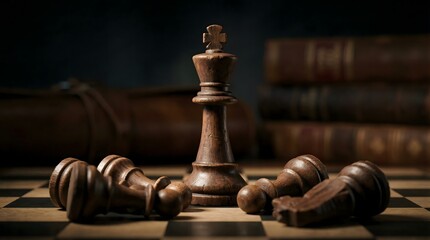 Wooden chess king standing among fallen pawns representing victory and leadership