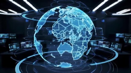 A digital globe with glowing blue lines representing data connections, set against a high-tech control room background - Powered by Adobe