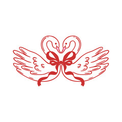 Two swans forming heart shape with red ribbon bow. Cute hand drawn vector illustration for Valentine's Day. Love, romance, and wedding concept. Design for greeting card, invitation, poster, banner.