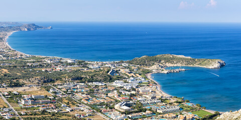 View of vacation town Kolymbia with beach from above at the Aegean Sea panorama Rhodes island, Greece