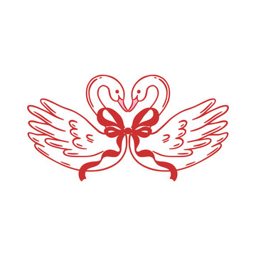 Two swans forming heart shape with red ribbon bow. Cute hand drawn vector illustration for Valentine's Day. Love, romance, and wedding concept. Design for greeting card, invitation, poster, banner.