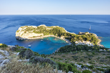 View of Anthony Quinn Bay Beach from above vacation at the Aegean Sea Rhodes island, Greece