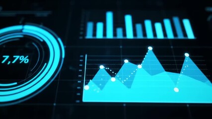 A digital display of data analytics featuring graphs, charts, and statistics in blue tones - Powered by Adobe