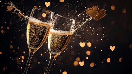 Two champagne glasses clinking together in a romantic celebration with golden hearts and bubbles