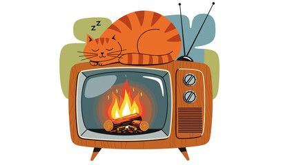 Ginger cat sleeping comfortably atop a vintage television set displaying a cozy fireplace scene, embodying warmth, relaxation, and retro charm, perfect for home decor, lifestyle