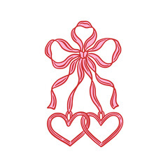 Two intertwined heart shapes hanging from a ribbon bow in pink and red. Hand drawn outline vector illustration. Love, romance, and Valentine's Day concept. Design for greeting card, invitation, poster