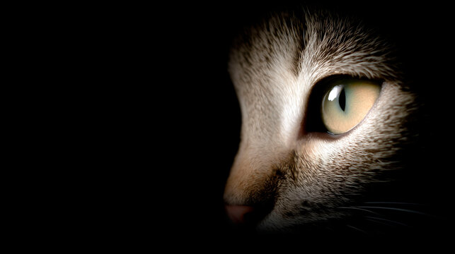 Close-up of tabby cat face in dramatic lighting with focus on green eye and fur texture against black background - Powered by Adobe