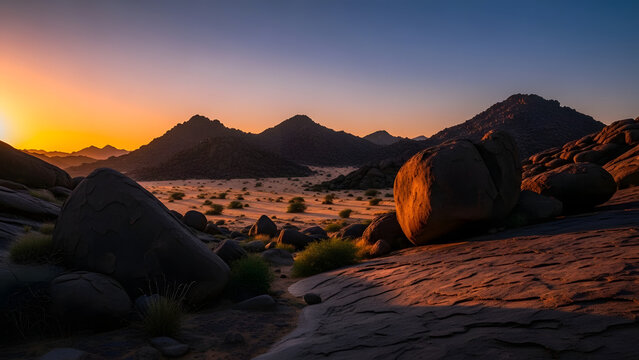 Dark, smooth granite boulders of the Najran landscape at sunset. A dramatic and minimalistic scene highlighting Saudi Arabia's unique geology.

