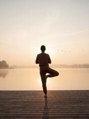 Silhouette practicing yoga tree pose on dock at sunrise