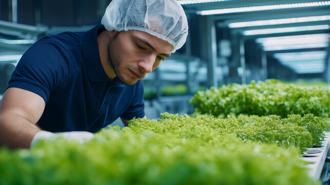 Man carefully tending to green plants in an indoor greenhouse   - Powered by Adobe