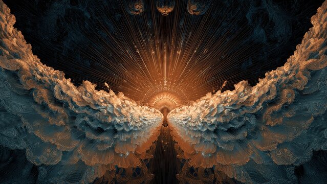 Symmetrical Abstract Wings with Radiant Golden Sunburst. Dark fractal and baroque pattern background, epic celestial fantasy concept, high-detail digital render.
