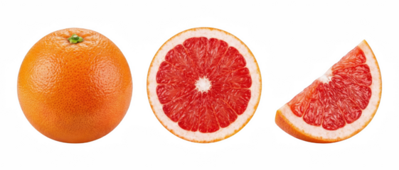 Whole, Halved, and Quartered Red Grapefruit Against a Deep Void