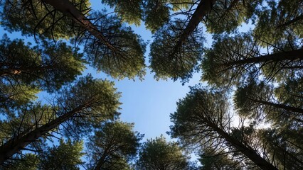Tall Pine Trees Against Blue Sky.