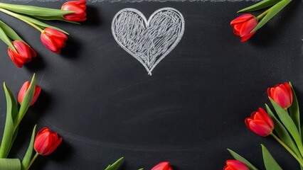 Red Tulips and Heart on Black Background.