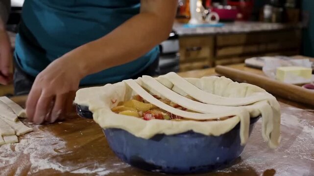 Hands carefully placing strips of dough over a apple pie filling and gently brushing the surface of the dough with the egg wash.