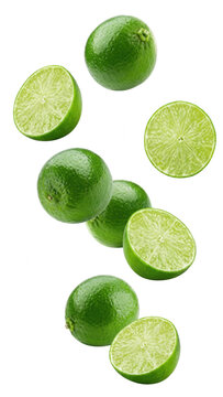 Falling Limes: Whole and Halved Green Citrus Fruits Isolated on a Dark Void