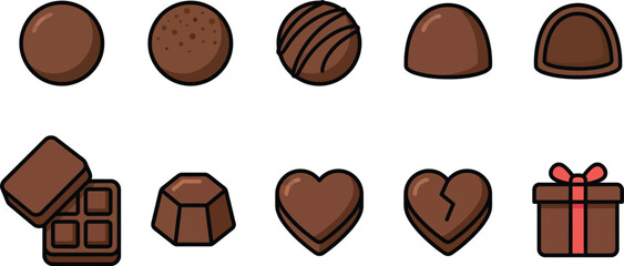 Fototapeta premium Chocolate candy icon set with truffles, pralines, chocolate bar, heart chocolates and gift box in flat style