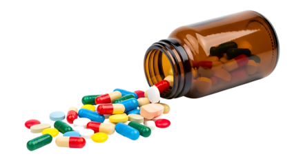 Colorful Pills Spilled from a Brown Bottle