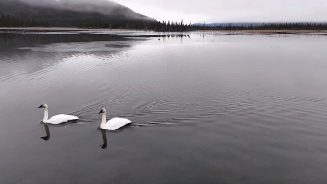 Two white ducks glide through a river surrounded by a foggy forest landscape.