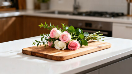 Pink and White Rose Bouquet on the Kitchen Countertop