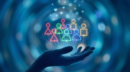 A hand holds colorful symbols of diverse people, representing teamwork and unity. The scene conveys collaboration and social harmony. This visual promotes leadership and community spirit