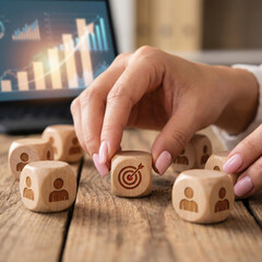 Hands position wooden blocks representing people and targets on a table. Data graphs display on a nearby laptop. The scene highlights the importance of strategy and leadership in business