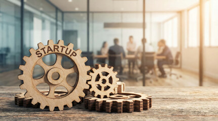 Wooden gears marked with startup represent the collaborative effort and innovation of a team focused on launching a new business venture in an office