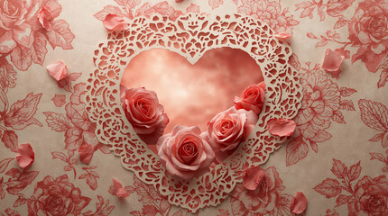 Roses are arranged within a heart-shaped lace cutout against a floral background. This design captures the essence of Valentine's Day and romantic occasions