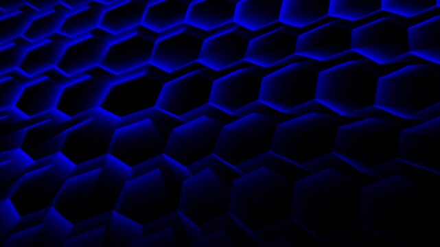 Abstract blue 3d geometric hexagon pattern moving with wave motion on black background