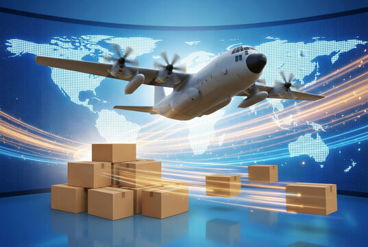 A cargo airplane is flying above a world map with boxes being delivered. This represents global shipping and the fast movement of goods in logistics networks