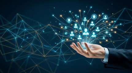 A hand reaches out to a network of connected people, representing innovative data sharing and communication in a digital world. This visual shows teamwork and connection in technology