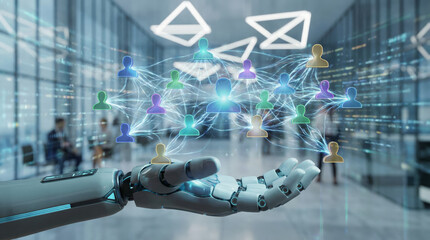 A robotic hand displays colorful icons representing people connected by digital lines. This scene illustrates the themes of collaboration and innovation in a contemporary office setting