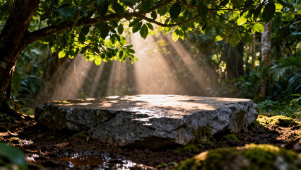 Rock Platform with Sunlight Falling in the Forest