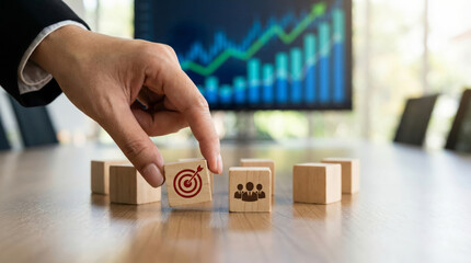 A hand positions a wooden block featuring a target symbol on a table. Behind is a digital screen displaying a growth chart and group icons to emphasize business strategy and goals