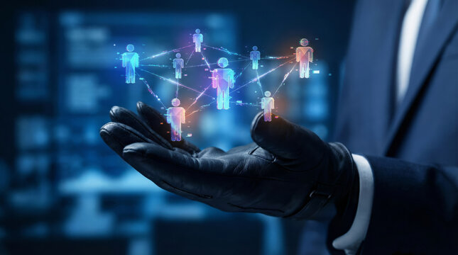Hands display a network of virtual connections between digital users in a cyber setting. This scene illustrates the concepts of data security and online interactions - Powered by Adobe