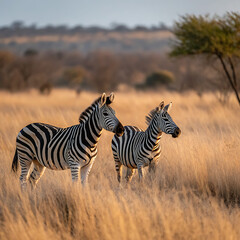 Fototapeta premium Zebras in golden savannah