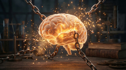 A brain surrounded by glowing chains is breaking apart, representing the power of knowledge and the importance of education. The scene highlights resilience and mental strength