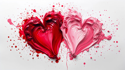 Two hearts made of red and pink paint are placed against a white background. The artistic design includes splashes and swirls of paint that symbolize love and affection