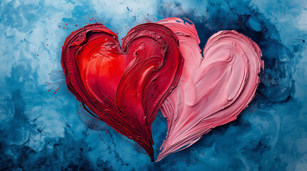 Two hearts painted in red and pink are set against a blue background. This artwork reflects feelings of love and is perfect for Valentine's Day cards or greetings
