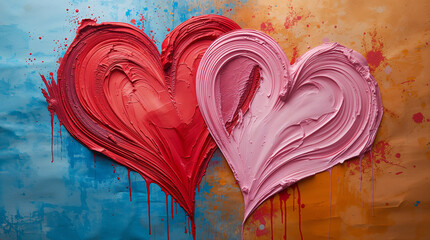 Two hearts are painted in bright red and pink with a textured finish against a colorful background. This artwork expresses love and affection, perfect for Valentine's Day cards
