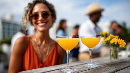 A captivating woman smiles over cocktails on a sunlit rooftop, embodying the essence of leisure, fun, and vibrant social interactions amidst an urban backdrop.