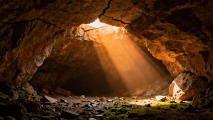 Rock Cave Entrance Scene with Sunlight Penetrating