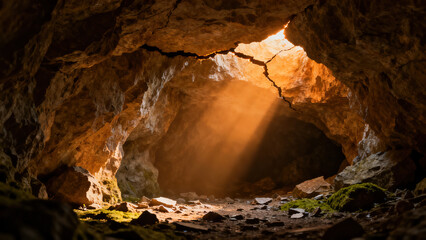 Rock Cave Entrance Scene with Sunlight Penetrating