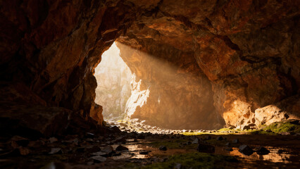 Rock Cave Entrance Scene with Sunlight Penetrating