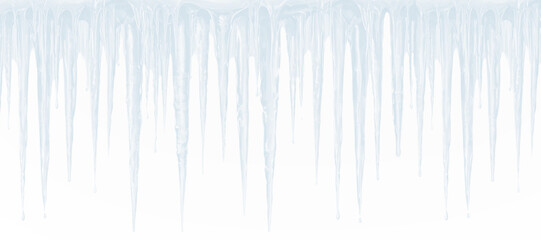 Large collection of realistic frozen icicles hanging from top edge isolated on transparent background for winter season decorative border and cold weather themes