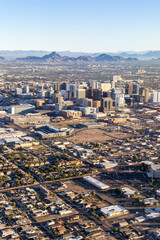 Phoenix Arizona skyline aerial view photo of downtown with skyscrapers from above in Phoenix, United States