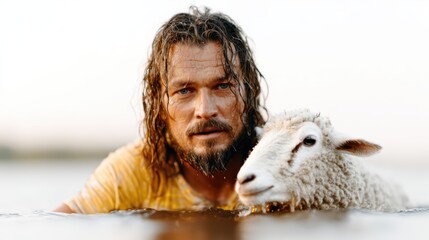 A serene image of a man emerging from the water with a sheep by his side, highlighting a connection with nature and evoking feelings of peace, companionship, and simplicity.