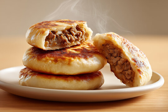 golden brown fried meat pies stacked on a white plate with one pie cut open to reveal the juicy minced meat filling.